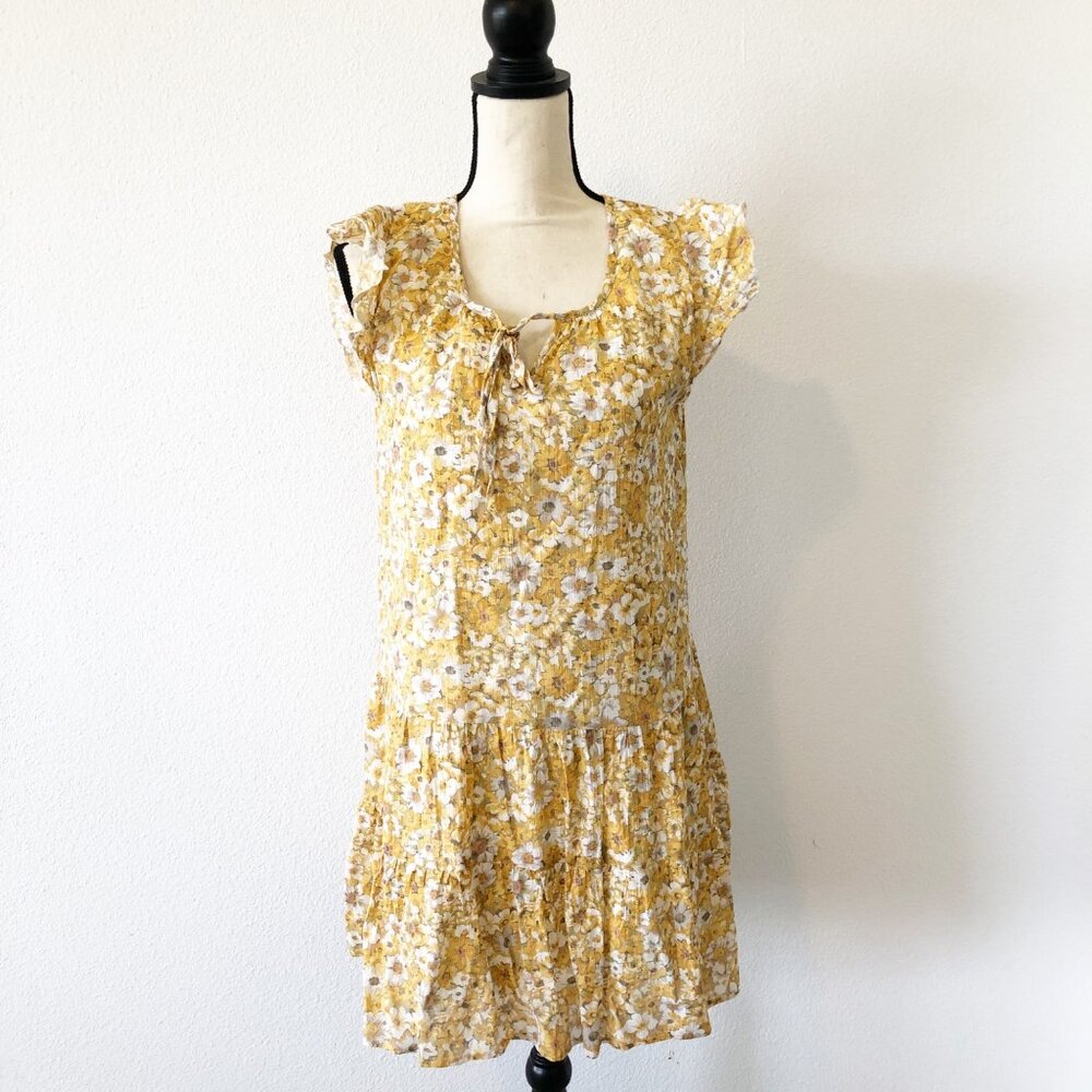 KEREN HART Dress Womens Medium Yellow Floral Tiered Ruffle Hem Lined Mini